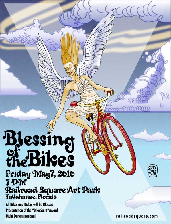2010 Blessing of the Bikes Poster,angel on a Antique Bicycle.