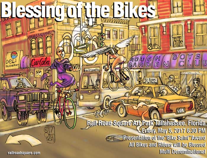 Blessing of the Bikes 2017 poster, urban street scene.